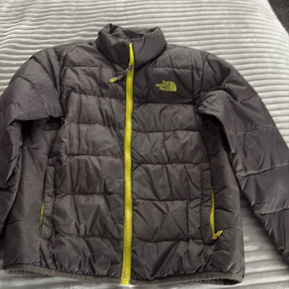 Boys North Face jacket dark grey with lime green trim